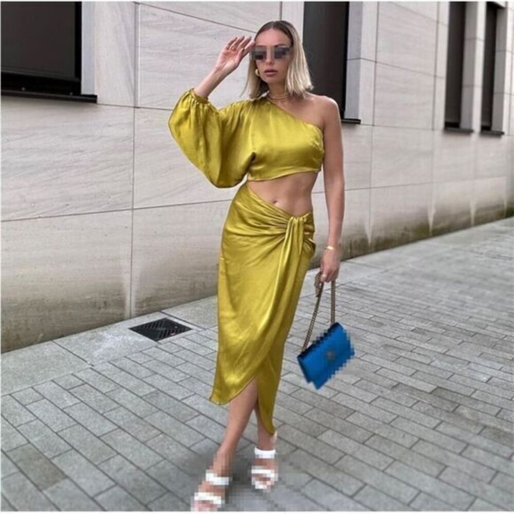 Stunning Yellow One-Shoulder Evening Gown with Balloon Sleeve and Wrap Dress L - Picture 6 of 12
